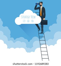 Strategy view and ladders to clouds vector template. Man climbing  to clouds in the sky. Vector template for banner, presentation. infographics, brochure cover design. 