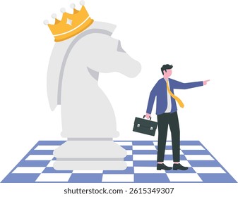 Strategy to win business competition, leadership to make decision, business challenge or tactic to overcome obstacle concept, smart businessman pointing finger to direct chess knight with king crown.
