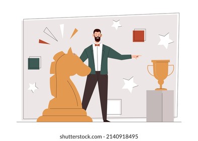 Estrategia para ganar. Empresario al lado de piezas de ajedrez, metáfora de tácticas de negocios. Desarrollo de empresas y establecimiento de objetivos, planificación y liderazgo. Superar el concepto de obstáculo. Dibujo vectorial plano de dibujos animados