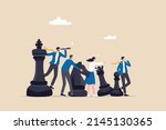Strategy to win competition, teamwork help plan strategic idea to fight and achieve business victory, challenge concept, business people team players stand strong with king, knight chess pieces.