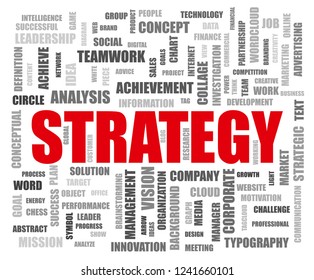 Strategy word cloud collage, business concept background.