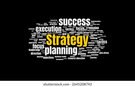 Strategie Word Cloud Design mit Planung, Erfolg und Führung Schlagwörter