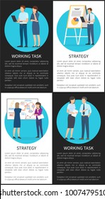 Strategy working task set of color office banners of busy workers isolated on blue circles, black and white backdrops vector illustration, text sample