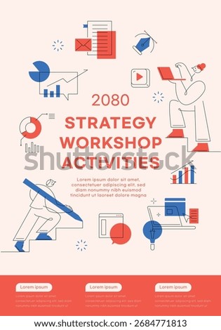Strategy Workshop Activities. business poster. 
Line illustration. Simple person.