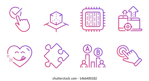 Strategy, Yummy smile and Ab testing line icons set. Cpu processor, Augmented reality and Seo devices signs. Checkbox, Touchscreen gesture symbols. Puzzle, Comic heart. Technology set. Vector