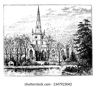 Stratford on Avon Church, eine Pfarrkirche in der Kirche von England, Vintage Linie Zeichnung oder Gravitation Illustration.