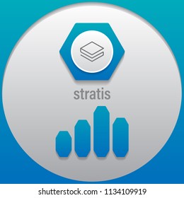 Stratis. Crypto currency sign emblem monochrome with a bar graph. Use for logos, icon, print products, page, design web site and mobile app. Vector illustration.