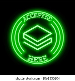 Stratis (STRAT) green  neon cryptocurrency symbol in round frame with text "Accepted here". Vector illustration isolated on black background