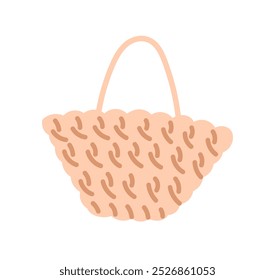 Straw bag  for summer beach essentials, women accessory of trapee shape, modern fashion weaven female item flat vector illustration.