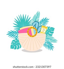 Straw bag with summer beach items inside it. Some of accesories for summer beach vacations. Vector illustration