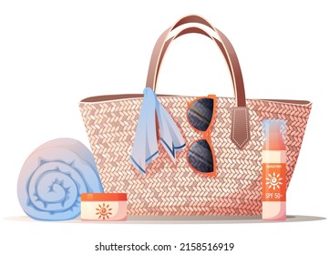 Strohtasche, Handtuch, Sonnencreme, Sonnenbrille. Strandausstattung zum Entspannen am Strand. Summertime-Illustration