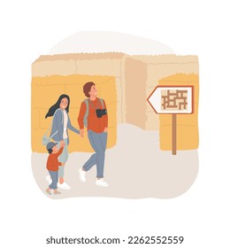 Straw bale maze isolated cartoon vector illustration. Family farm trip, leisure time, labyrinth made with hay bales, walking in a straw maze, getting lost, fall outdoor activity vector cartoon.
