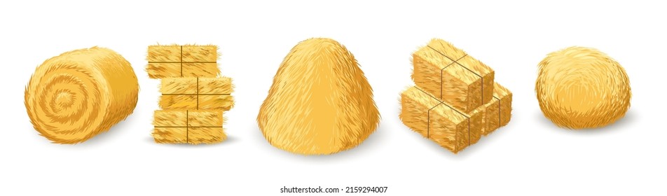 Straw bales. Dry hay balos isolated, harvest countryside farm hays straws bale types vector illustration, natural agriculture haystacks yellow cartoon elements