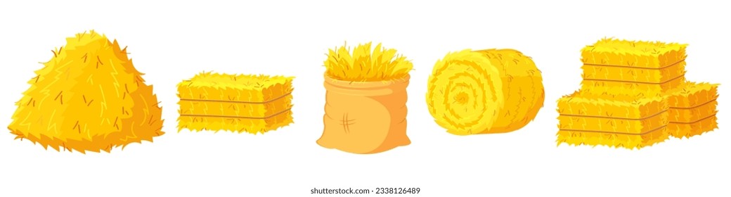 Straw bales. Stack of straw briquettes. Set with cartoon illustrations of dry yellow grass.