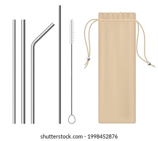 Straw bar equipment. Realistic stainless steel bio straws, beverage pipes tools kit, canvas bag packaging, cleaning brush ramrod. Eco reusable products. Cocktails and drinks tools vector set