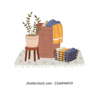 Straw basket with bunch of dirty laundry vector illustration. Housekeeping bag daily routine chore grime clothing storage. Bathroom container messy fabric textile clothes ready for washing isolated