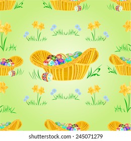 Straw basket with Easter eggs seamless texture Easter background vector