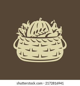 Straw basket fresh vegetables pumpkin eggplant pear corn seasonal agricultural harvest vintage icon vector illustration. Agriculture agronomy botanical edible plant crop vegetarian diet ecology food