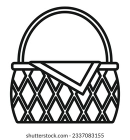 Vector de contorno de icono de la cesta de paja. Mazo de picnic. Mercado natural