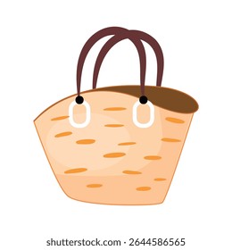 Straw beach bag, brown handles, summer accessory, woven tote, modern vector illustration, vacation essential
