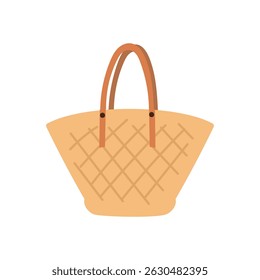 Saco de praia de palha com alças de couro. Acessório de verão para férias, viagens ou piquenique. Ilustração de vetor plano de bolsa de tecido elegante isolado no fundo branco.