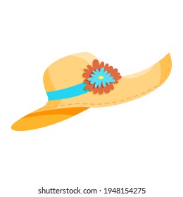 Straw beach hat with turquoise ribbon and vibrant flower. modern vector cartoon illustration