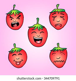 Straw berry emoticon cartoon character. Hand drawing illustration