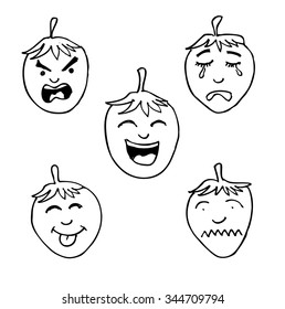 Straw berry emoticon cartoon character. Hand drawing illustration