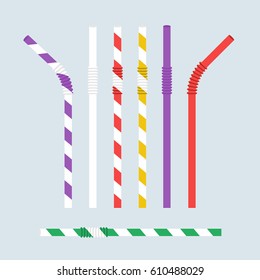 Straw for beverage. Striped colorful drinking straw isolated on background. Plastic pipe. Vector illustration flat design. Set is curved and straight. Cocktail, juice, drink.