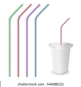 Straw for beverage. Striped and colorful straws. Vector Drinking straws isolated on a white background. Plastic fastfood cup for beverages with straw. Plastic cup mockup