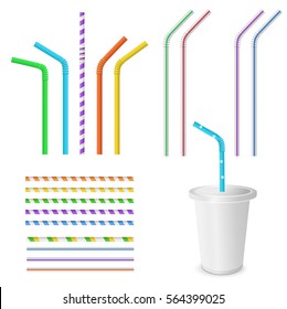 Straw for beverage. Striped and colorful straws. Drinking straws isolated on a white background. Plastic fastfood cup for beverages with straw.