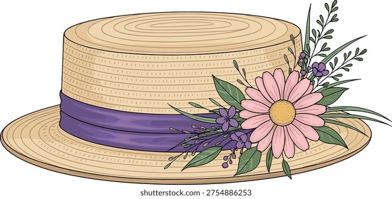 Straw boater hat decorated with flowers and ribbon, vintage summer fashion accessory with floral arrangement illustration isolated on white background