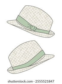 Straw boater hat technical flat drawing vector mockup template.