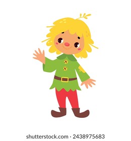 Straw Boy with Hay Hair and Patched Costume Wave Hand as Fairy Tale Character Vector Illustration