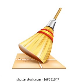straw broom on floor isolated on white background