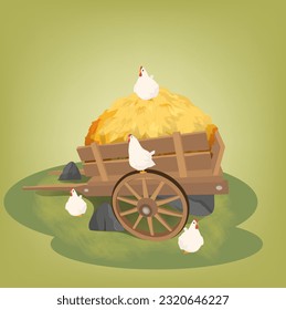 Straw carriage and chicken on green grass