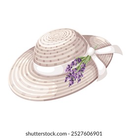 Straw cartoon hat with lavender flowers and white ribbon. Cute fashion accessory with purple floral decor. Headdress, elegance and beauty mascot, cartoon hat for head of lady vector illustration