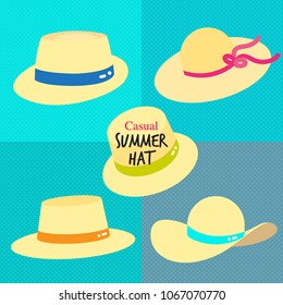 Straw casual summer hats with color ribbon. Light weight straw hats illustrated in different style to shade the face and shoulder from sun from summer time!