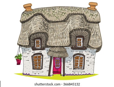 straw covered traditional vintage house - cartoon