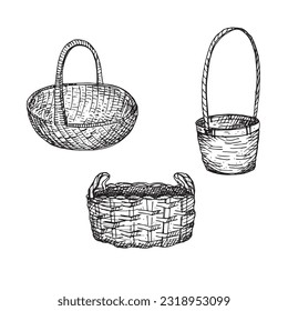 Cestas de artesanía de paja vacían contenedores dibujados a mano conjunto de ilustración en blanco y negro grabando fondo blanco aislado. Paniers hechos a mano para flores, frutas de almacenamiento, verduras. vector de elemento de diseño