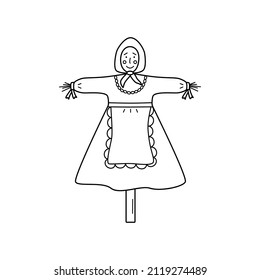 A straw doll on a stick for burning at the stake, a Russian tradition for the Maslenitsa holiday. Vector doodle illustration.