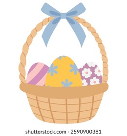 Straw Easter wicker basket with painted decorative eggs and gift blue ribbon bow