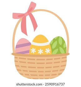 Straw Easter wicker basket with painted decorative eggs and gift pink ribbon bow