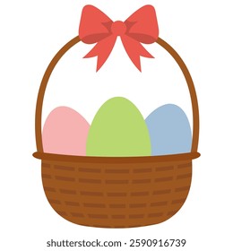 Straw Easter wicker basket with painted decorative eggs and gift red ribbon bow