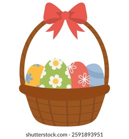 Straw Easter wicker basket with painted decorative eggs and gift red ribbon bow