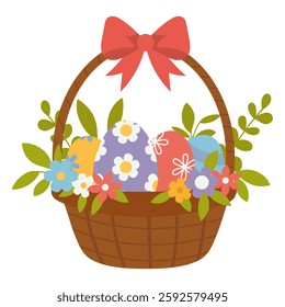 Straw Easter wicker basket with painted decorative eggs, flowers and gift red ribbon bow