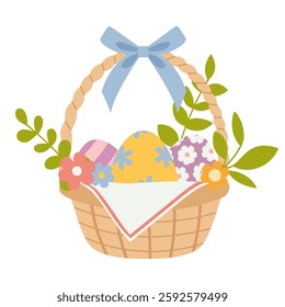 Straw Easter wicker basket with painted decorative eggs, flowers and gift blue ribbon bow.