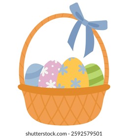 Straw Easter wicker basket with painted decorative eggs and gift blue ribbon bow