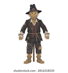 A straw effigy dressed in old-fashioned attire, standing upright against a plain background.