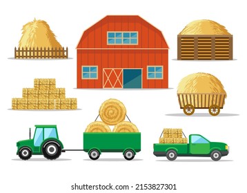 Straw farming. Countryside wheat farm agricultural elements, yellow hays balos haystack wood hayloft tractor harvest dryning forks box isolated images